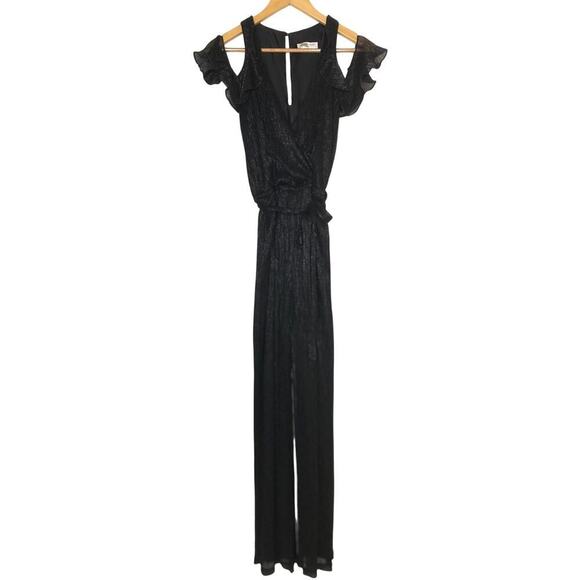 Waverly Grey Wrap Jumpsuit Pleated Metallic Cold Shoulder Straight Leg Black XS - Picture 3 of 8